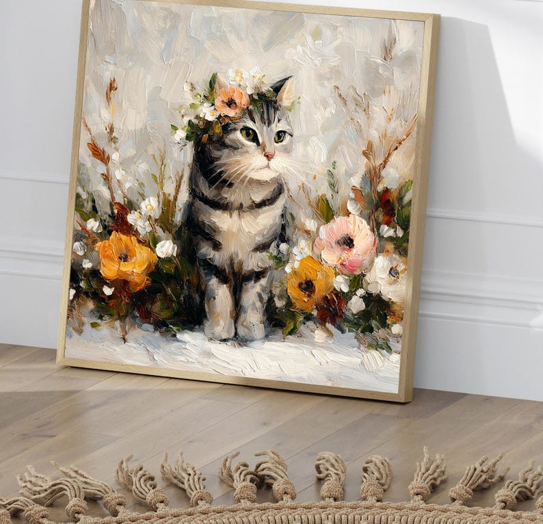 Puede incluir: Pintura enmarcada de un gato atigrado gris con una corona floral, rodeado de flores coloridas. La obra de arte tiene un estilo pict&oacute;rico texturizado con un fondo claro y un marco de madera. Las flores incluyen flores naranjas, rosas y blancas.