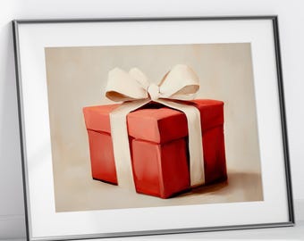 Printable Red Gift Christmas Wall Art, Horizontal Digital Download, Instant Holiday Art, Red and Beige Modern Christmas Decor, Fun Gallery