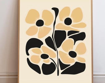 Botanische kunst, organische grote abstracte print, abstracte bloemen muurdecoratie, moderne beige en zwarte muurkunst uit het midden van de eeuw