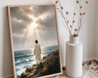 Jesus Calming The Storm Wall Art, Christ Walking On Water Sea Painting, Modern Christian Decor, Spiritual Digital Download, LDS Art Print
