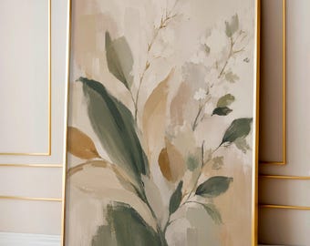 Japandi Abstract Botanical Wall Art Printable, Sage Green Warm Minimalist Floral Oil Painting, Neutral Boho Leaves Digital Print Poster