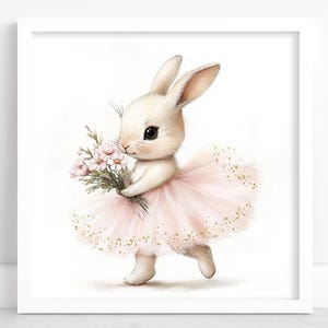 Arte de pared imprimible de conejita bailarina, tul rosa y purpurina dorada, descarga digital para guardería, adorable conejita de ballet con flores silvestres, cuadrado