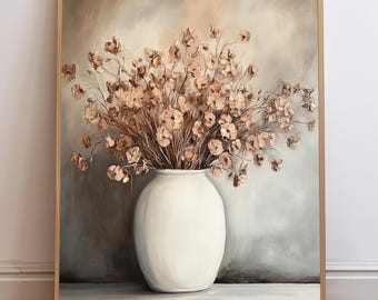 Elegant Dried Floral in Vase Printable Wall Art | Rustic Farmhouse and Modern Decor | Neutral Vintage Artwork Print | Instant Download