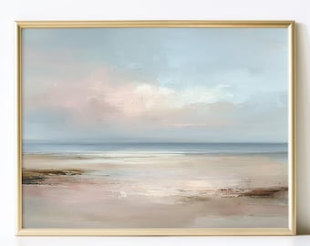 Printable Beach Abstract Wall Art, Ocean Landscape, Coastal Scene, Modern Horizontal Print, Beige Blue Pink Beach Decor, Instant Download
