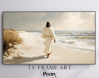 Jesus Walking on Beach, Walk with Christ Samsung Frame TV Art, Faith Based Television Art, Religious Digital TV JPG Download