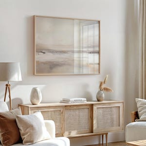 Arte de pared imprimible abstracto con océano beige, impresión de paisaje neutro, descarga instantánea, tonos beige y grises, decoración minimalista moderna