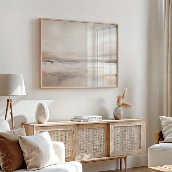 Arte mural imprimible abstracto de océano beige, impresión de paisaje neutro, descarga instantánea, tonos beige y gris, decoración minimalista moderna.