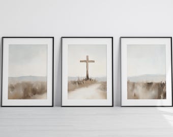 3-Piece Christian Cross Printable Wall Art, Faith-Based Decor, Minimalist Religious Artwork, Neutral Landscape Print Set, Instant Download