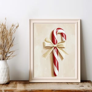 Printable Candy Cane Bow Art, Beige and Red Christmas Wall Decor, Modern Minimalist Holiday Print, Neutral Festive Art, Instant Download