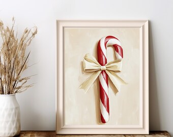 Printable Candy Cane Bow Art, Beige and Red Christmas Wall Decor, Modern Minimalist Holiday Print, Neutral Festive Art, Instant Download