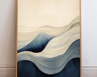 Blue and Beige Watercolor Abstract Line Art - Modern Minimalist Contemporary Wall Art - Instant Download