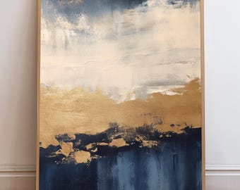 Blue, Gold, and Ivory Cream Abstract Vertical Wall Art | Printable Portrait Art | Modern Minimalist DIY Wall Art | Instant Digital Download