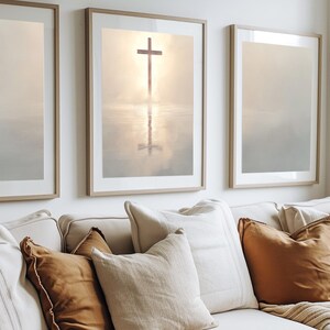 Cross on Water 3-Piece Wall Art Printable, Christian Instant Download, Modern Faith Decor, Beige and Grey Religious Art, LDS Catholic Art