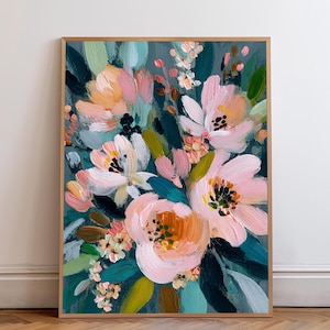 May include: Floral painting in a wooden frame. The artwork features a bouquet of flowers in shades of pink, peach, and white, with green and teal leaves against a dark teal background. The painting has a textured, brushstroke style.
