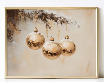Elegant Gold Ornaments Christmas Wall Art, Modern Holiday Printable, Horizontal Christmas Art, Gold, Green and Beige Decor, Instant Download