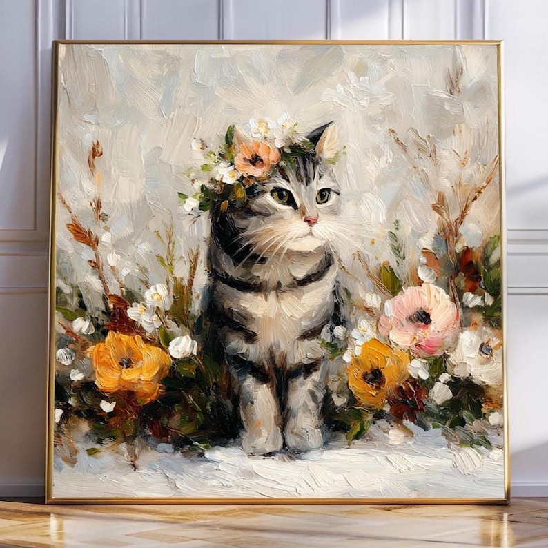 Puede incluir: Pintura al &oacute;leo enmarcada de un gato atigrado con una corona floral, rodeado de flores coloridas. El gato tiene ojos verdes y est&aacute; sentado. La obra de arte tiene un estilo suave e impresionista, con un marco dorado.