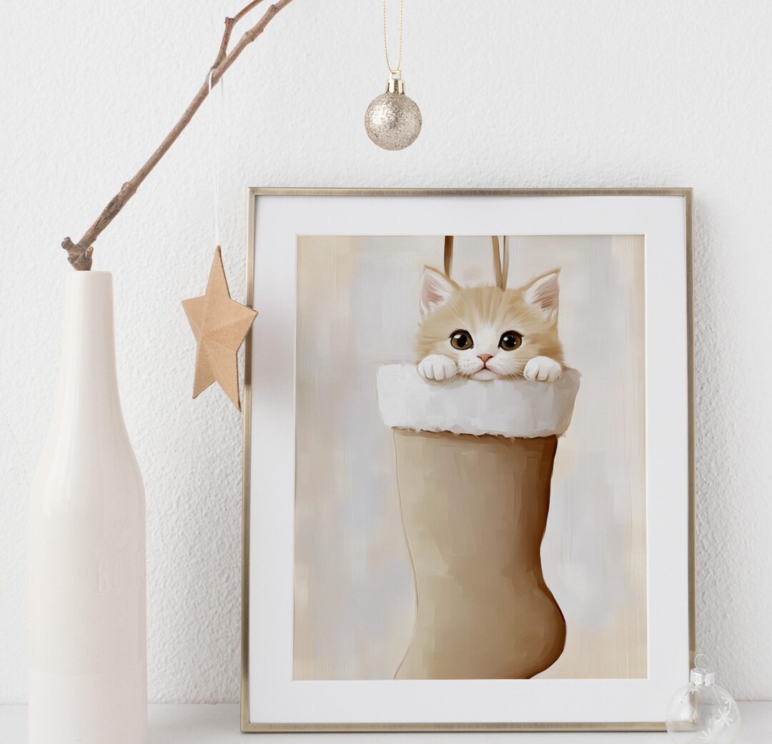 Printable Kitten in Christmas Stocking Art, Beige and White, Instant ...