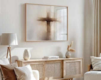Christian Cross Wall Art Printable, Modern Jesus Cross Decor, Minimalist Faith Inspired Abstract Art, Neutral Religious Digital Download