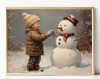 Printable Vintage Boy and Snowman Christmas Wall Art, Horizontal Holiday Instant Download, Nostalgic Winter Scene, Print and Frame Seasonal