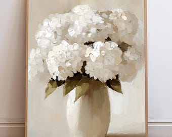 Vintage Hydrangeas in Vase Printable Art, White, Cream, Beige, Neutral Tones DIY Wall Decor, Elegant Floral Painting, Instant Download Print