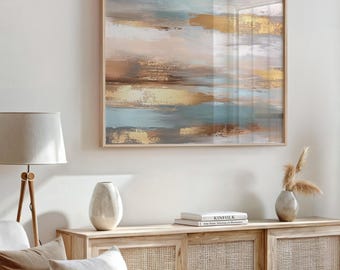 Teal Beige Gold Abstract Wall Art Printable, Horizontal Digital Download, Modern Neutral Statement Print for Living Room, Bedroom or Office