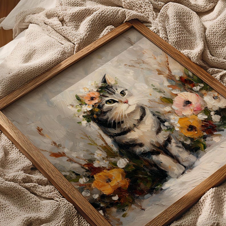 Puede incluir: Pintura enmarcada cuadrada de un gato atigrado con una corona floral, rodeado de flores coloridas. La obra de arte presenta una paleta de colores claros con un marco de madera. El gato tiene ojos verdes y es el punto focal de la pintura.