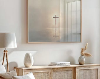Printable Cross on Water Wall Art, Glowing Cross Digital Download, Christian Instant Download, Neutral Religious Print, LDS Catholic Faith
