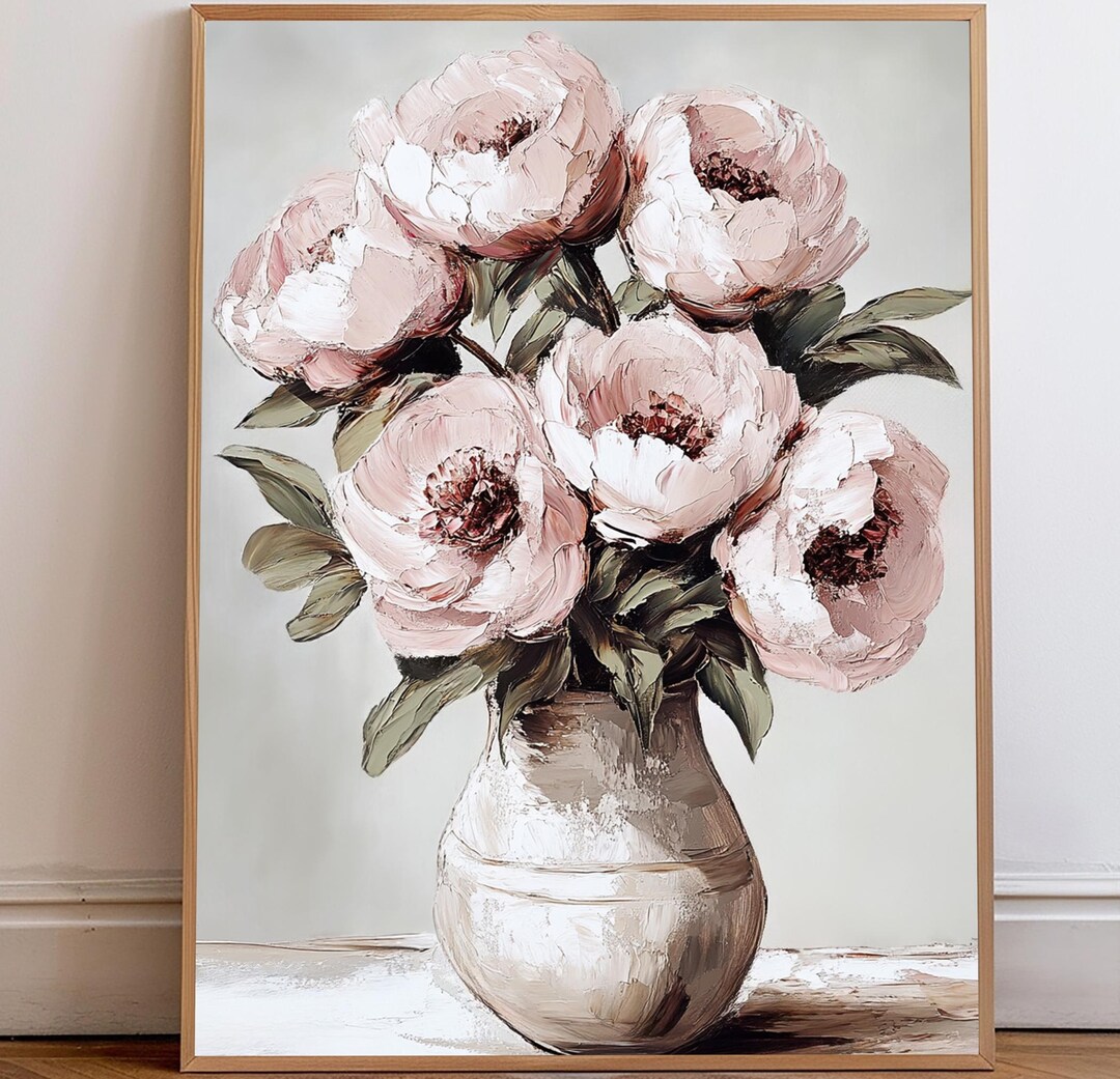 Printable Peony Wall Art, Pink Peonies in Vase, Vintage Floral Print ...