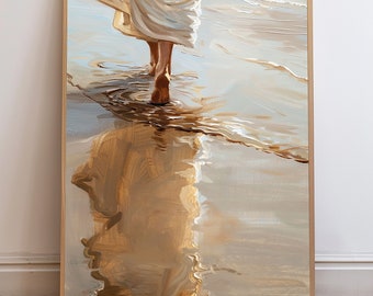 May include: A painting of a person walking on a beach, with their feet leaving ripples in the water. The person is wearing a white robe and the water is a light blue color.