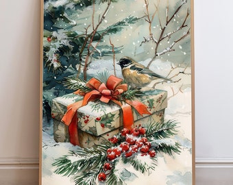 Christmas Bird in Snow Instant Download, Watercolor Wall Art Printable, Red Berries & Evergreen, Holiday Home Decor, Festive for Bird Lovers