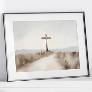 Christian Cross Printable Art, Minimalist Faith-Based Decor, Tranquil Religious Artwork, Neutral Cross Landscape Print, Instant Download