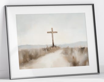 Christian Cross Printable Art, Minimalist Faith-Based Decor, Tranquil Religious Artwork, Neutral Cross Landscape Print, Instant Download