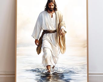 Jesus Christ Walking on Water, Christian Art, Digital Jesus Portrait, I Will Walk With Christ LDS, Jesus Painting, Bible Verse Wall Art