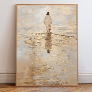 Jesus Christ Walking on Water, Christian Art, Digital Jesus Portrait, I Will Walk With Christ LDS, Jesus Oil Painting, Bible Verse Wall Art