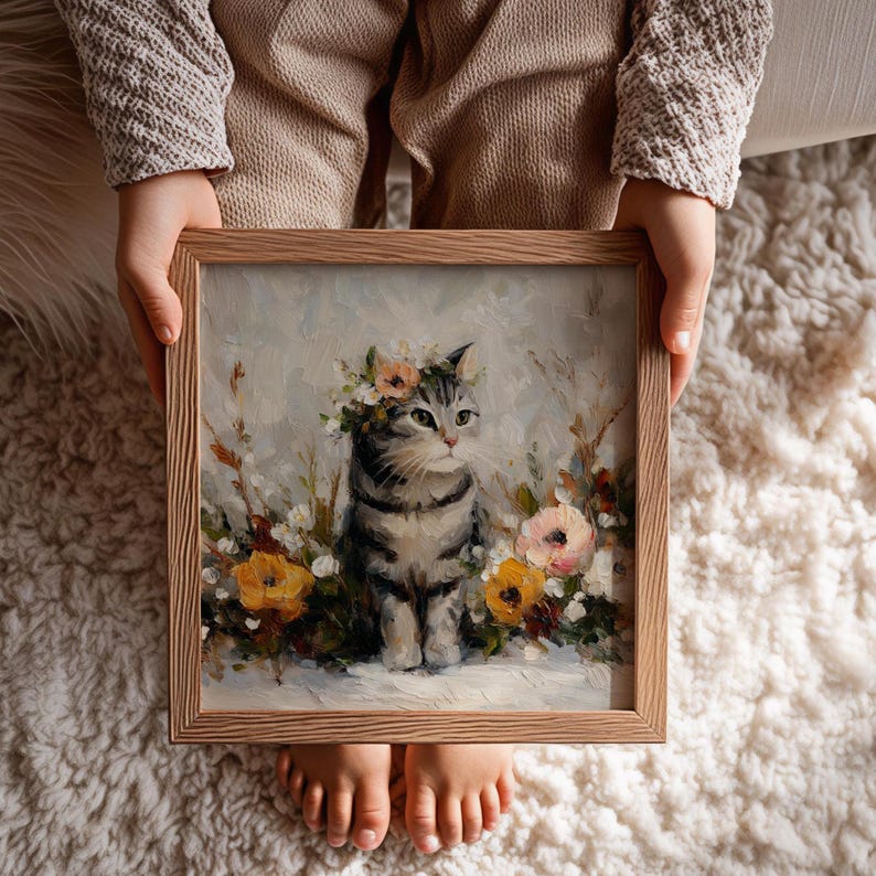 Puede incluir: Pintura enmarcada cuadrada de un gato atigrado gris con una corona floral, rodeado de flores coloridas. La obra de arte tiene un estilo suave y pict&oacute;rico con un fondo claro. El marco es de madera clara.