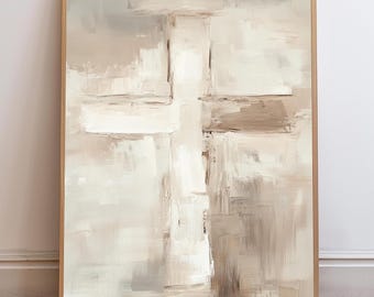 Minimalist Christian Cross Wall Art Printable, Neutral Beige and Grey Faith Painting, Jesus, Catholic and LDS Printable