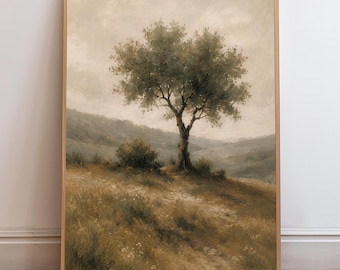 Vintage Olive Tree Landscape Print Antique Countryside Painting Warm Tone Neutral Wall Art Cottagecore Farmhouse Decor Digital Download