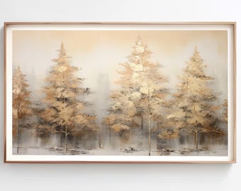 Gold Christmas Trees Holiday Wall Art, Xmas Print, Winter Landscape,  Forest Scene, Horizontal Festive Printable, Holiday Instant Download
