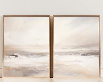 Neutral Ocean Abstract Wall Art Set of 2, Minimalist Beach Landscape Prints, Modern Coastal Printable Art, Calming Scenic Digital Download
