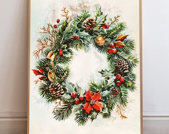 Retro Christmas Wreath Printable Wall Art | Instant Download | Vintage Print | Boho | Mid Century Modern | Christmas DIY Art