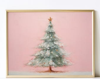 Printable Christmas Wall Art, Vintage Green Christmas Tree on Pink Background, Fun Pink Christmas Decor, DIY Holiday Art, Instant Download