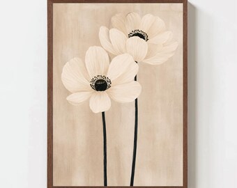Japandi Botanical Wall Art Printable, Beige Floral Anemone Oil Painting, Neutral Tone Warm Minimalist Decor, Wabi Sabi Vintage Poster Print
