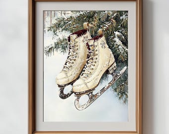 Printable Vintage Skates in the Snow - Winter Christmas Wall Art, Pine Tree and Ice Skates, Instant Download, Holiday Skating Wall Decor