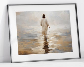 Jesus Christ Walking on Water, Christian Art, Digital Jesus Portrait, I Will Walk With Christ LDS, Jesus Oil Painting, Bible Verse Wall Art