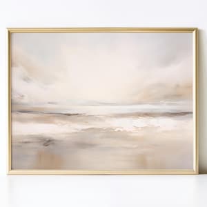 Peut inclure: Peinture de paysage abstrait dans un cadre doré. L'œuvre présente une scène sereine avec des couleurs douces et mélangées de beige, de crème et de gris, évoquant un sentiment de calme. La peinture est une composition horizontale, idéale pour la décoration murale.