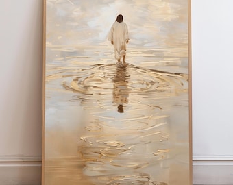 Jesus Christ Walking on Water, Christian Art, Digital Jesus Portrait, I Will Walk With Christ LDS, Jesus Oil Painting, Bible Verse Wall Art