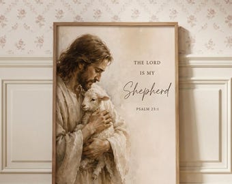Jesus with Lamb Printable Wall Art, Minimalist Bible Verse Art, Good Shepherd Psalm 23 Print, Boho Christian Decor, Modern Scripture Gift