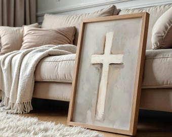 Minimalist Christian Cross Wall Art Printable, Textured Oil Painting, Neutral Beige and Grey Faith Art, Jesus, Catholic and LDS Printable
