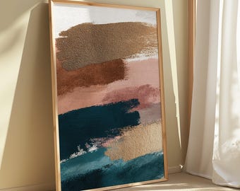 Abstract Wall Art Printable, Anthropologie Inspired Brushstroke Print, Modern Canvas Texture Digital Download, Blue Pink Gold Statement Art