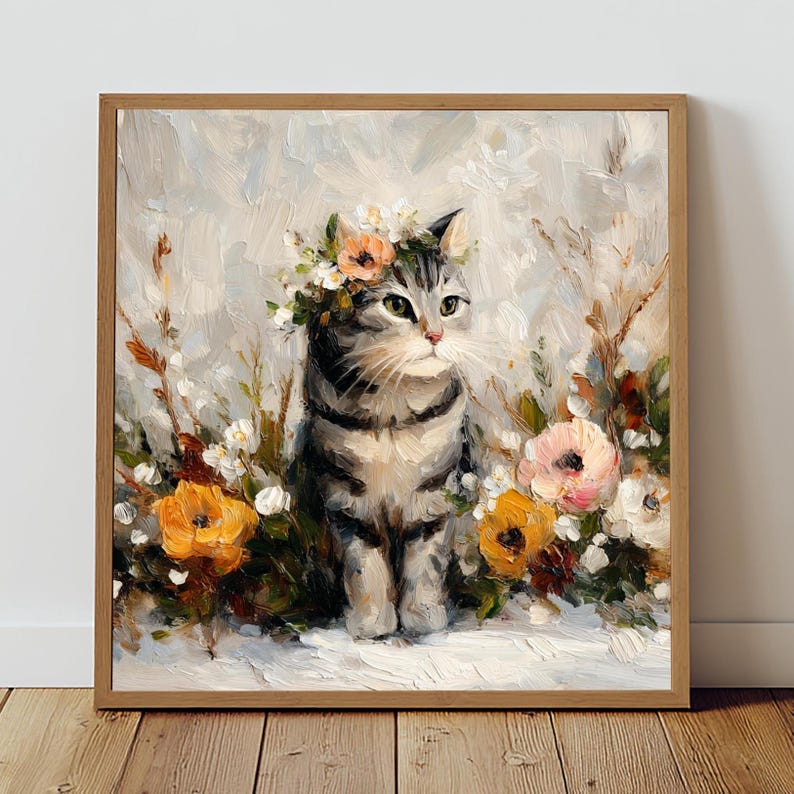 Puede incluir: Pintura enmarcada de un gato atigrado gris con una corona floral, rodeado de flores coloridas. La obra de arte tiene un estilo suave y pict&oacute;rico con un fondo claro y un marco de madera. Las flores incluyen flores naranjas, rosas y blancas.